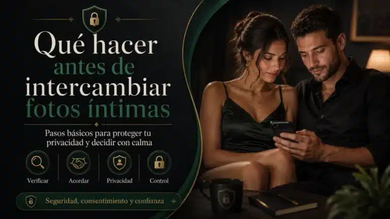 Pareja adulta revisando una lista antes de intercambiar fotos íntimas