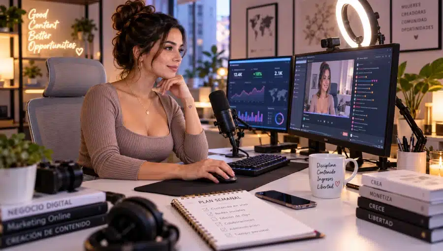 Mujer trabajando con webcam y equipo profesional de transmisión en directo Mujer trabajando con webcam y equipo profesional de transmisión en directo